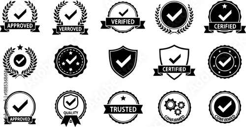 Approved stamps vector icons set. round, rectangular, approved seals collection.