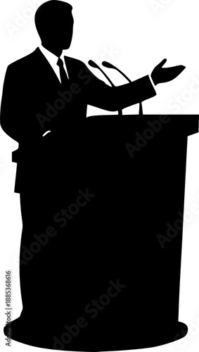 Businessman silhouette giving a speech at podium with microphone