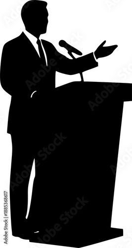 Businessman silhouette giving a speech at podium with microphone