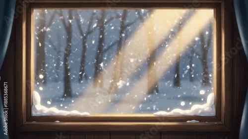 Snowy forest scene viewed through a window with anime style lighting effects