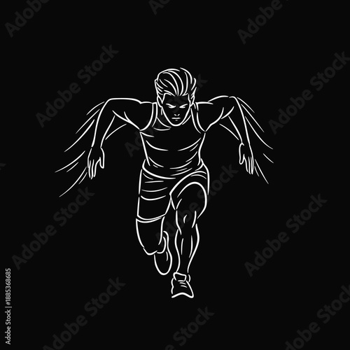 Minimalist white line art illustration of a male sprinter in explosive forward motion with abstract wing-like strokes on a black background, representing speed, power, and athletic performance