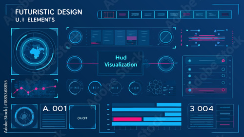 Futuristic user interface elements and hud visualizations in a dark blue scheme