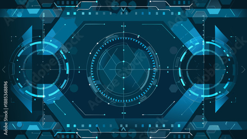 Abstract digital interface with glowing blue lines and hexagonal targeting system