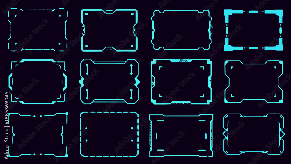 Obraz premium Collection of futuristic glowing teal frames and borders on a dark background