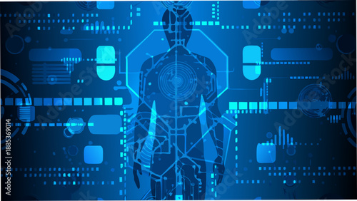 Futuristic human silhouette integrated with digital network and technology elements
