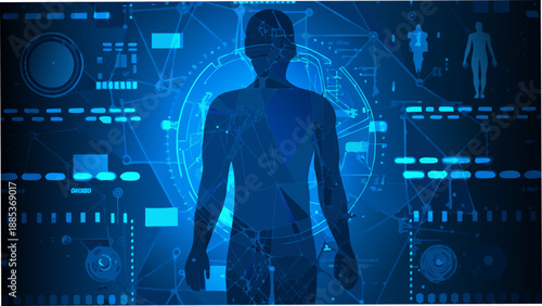 Futuristic human figure with glowing digital interface and technological connections