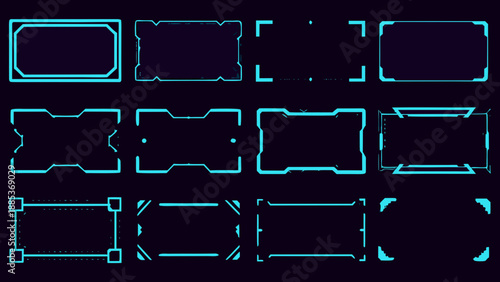 Collection of futuristic neon blue frames and interface elements on black background