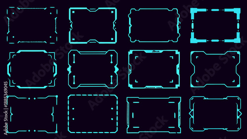 Collection of futuristic glowing teal frames and borders on a dark background