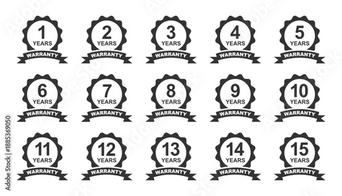 1 to 15 years warranty icon. 1 to 15 years warranty badge vector design. 1, 2, 3, 4, 5, 6, 7, 8, 9, 10, 11, 12, 13, 14, 15,  year warranty label.