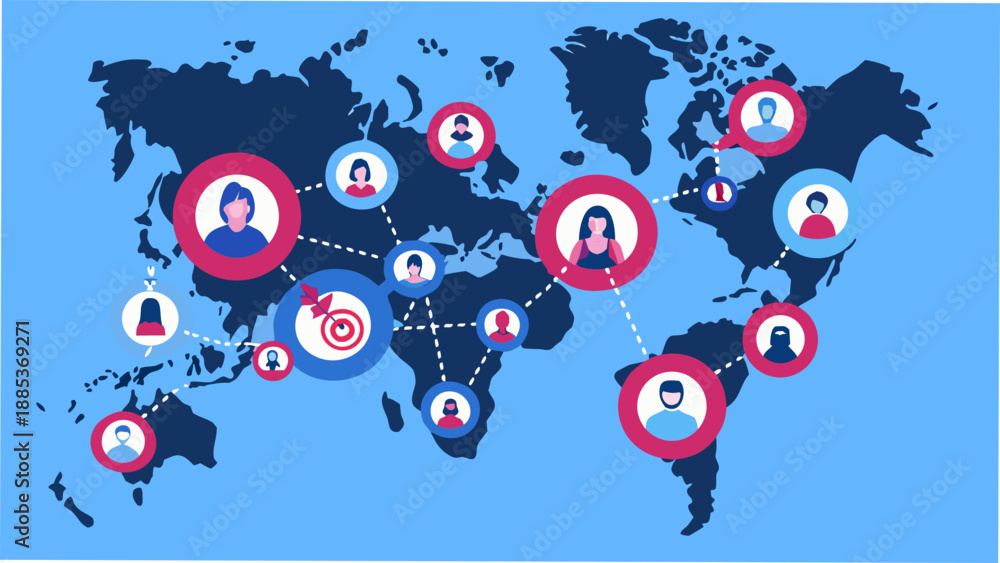 Obraz premium Global network connections represented by a world map and person icons