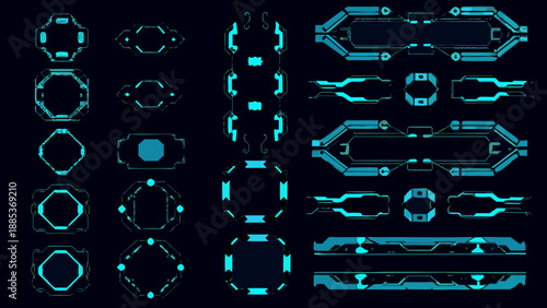 Futuristic interface elements in glowing cyan a set of digital design shapes