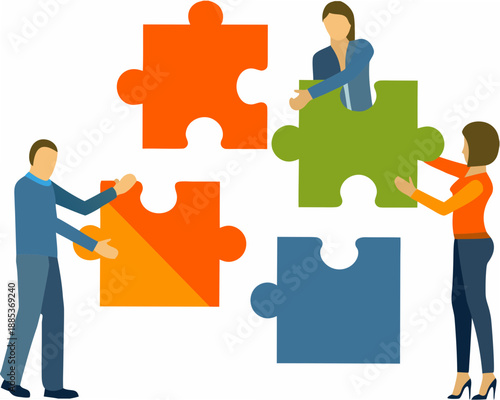 People collaborating to connect puzzle pieces symbolizing teamwork and problem solving