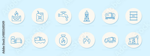 Oil industry set icon. Circular line icons depicting oil tanks, refinery, barrel, gas pump, tanker truck, pipeline, flame, oil spill, gas burner, and extraction tower