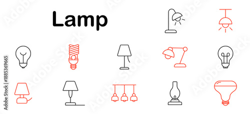 Lamp set icon. Light bulb, desk lamp, floor, hanging, spiral bulb, vintage, table, energy saving, interior lighting, home decor, electric device, modern design.