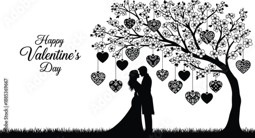 Romantic Valentine's Day silhouette, couple embracing under heart tree, floral blossom landscape, wedding anniversary love concept, isolated on white background.