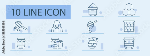 Beekeeping set icon. Line icons displaying honey dipper, jar, honeycomb, beekeeper, hive, honey pot, wax cells, hexagons, dripping honey
