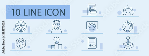 Gaming set icon. Line icons showing console, arcade, controller, PC game, dice, joystick, steering wheel, headset, graduation, podium