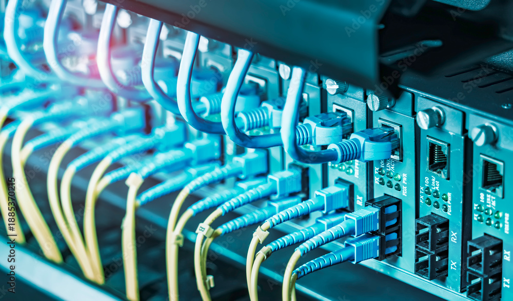 Obraz premium Fiber Optic cables connected to an optic ports and Network cables connect to communication Distribution point