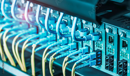 Fiber Optic cables connected to an optic ports and Network cables connect to communication Distribution point © xiaoliangge