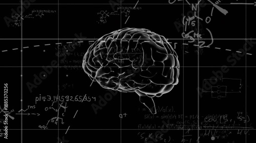 dashed orbital arc starting 3D brain rotating and formulas diagrams emerging showing science