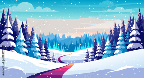 Winter forest landscape vector illustration, with snow covered trees and a winding road