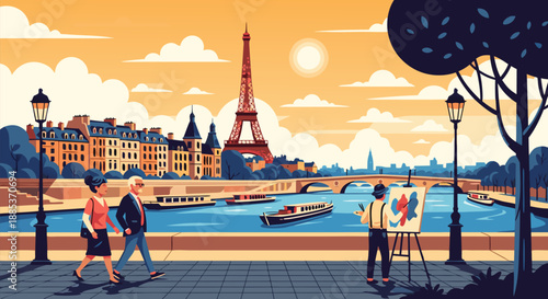 Parisian Riverside Artistic Scenery A Vector Illustration of the Eiffel Tower and Seine River Life