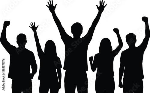 Silhouette of a diverse group of five people cheering loudly with raised arms against a bright white background for celebration themes
