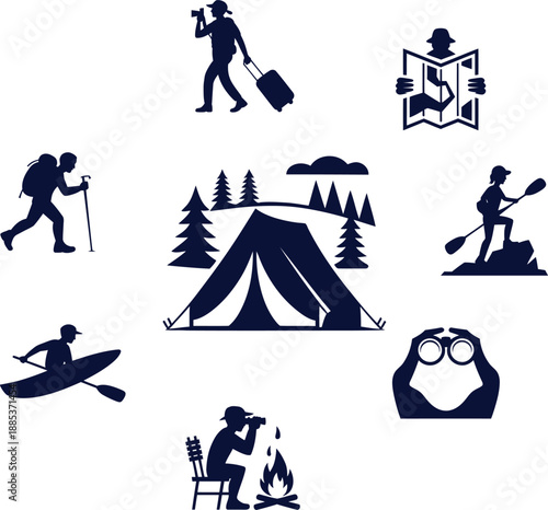 Camping travel with people hiking kayaking and tent