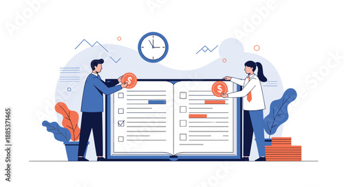 Man and woman saving money in giant accounting book symbolizing financial planning, bookkeeping, and personal investment.