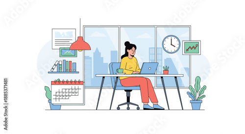Professional woman working on laptop at desk in modern office with large window overlooking city skyline for remote work.