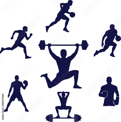 Dark blue silhouettes of people exercising with weights and balls