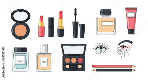 Collection of beauty and makeup products including lipstick, perfume, mascara, and powder palette for cosmetic design.