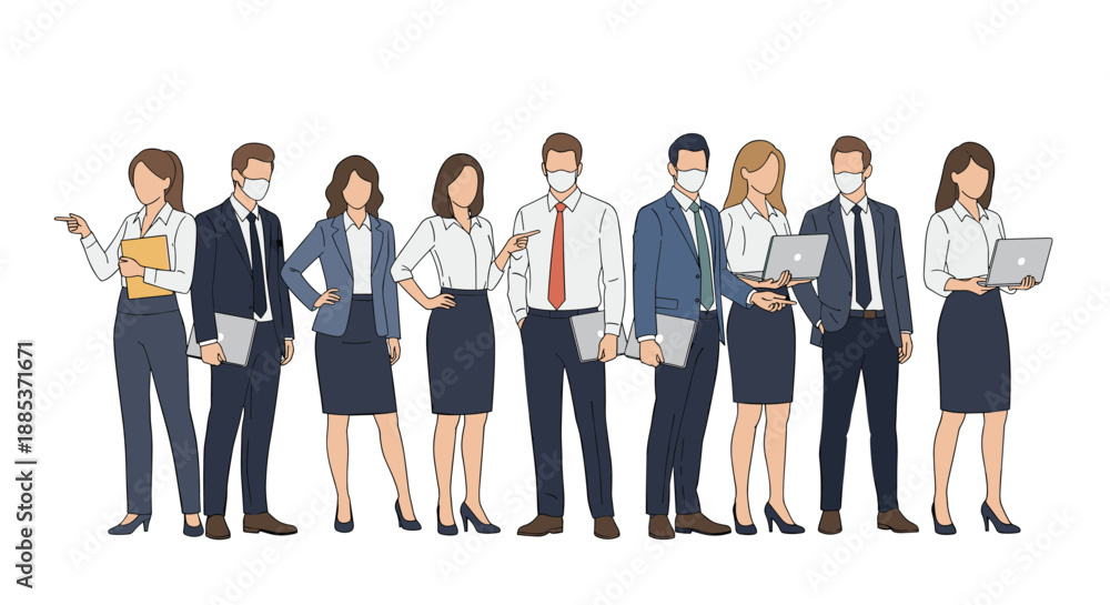 Obraz premium Diverse group of professional business people in formal suits wearing protective face masks and holding laptops and documents.