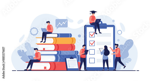 Students and professionals engaged in learning and task management with a stack of large books and a giant checklist with check marks.