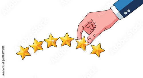 Human hand selecting a gold star from a row of five stars to provide a positive customer review and high quality rating feedback.