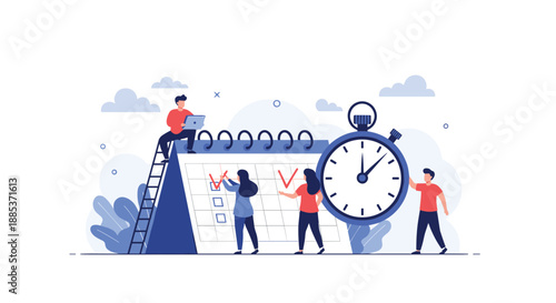 Efficient time management concept showing a team of workers marking tasks on a large calendar next to a giant blue stopwatch timer.