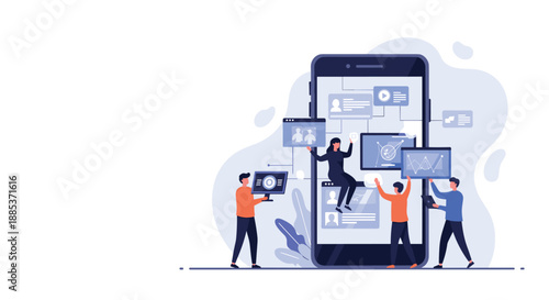 Team of developers building a mobile application by placing various user interface components onto a large smartphone screen.