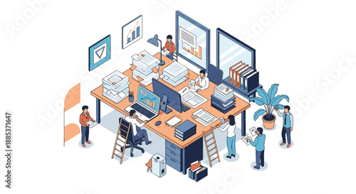 Busy corporate office environment with employees working at a large desk overflowing with stacks of documents and papers in isometric view.