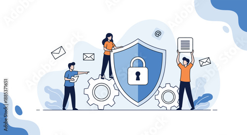 Internet and email security concept with users protecting communications using a giant shield with a padlock and mechanical gears.