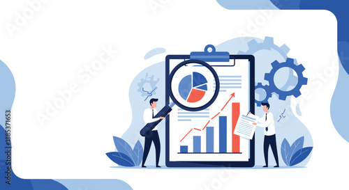 Financial data analysis concept with professionals using a magnifying glass to inspect charts and graphs on a large document clipboard.