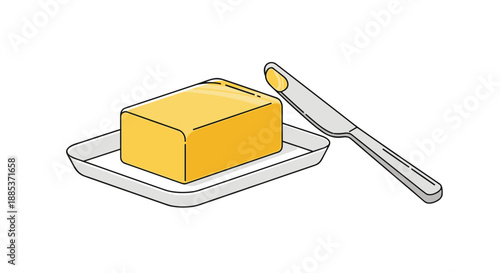 Slice of yellow butter on a small white plate with a knife spreading a small portion of butter on its blade edge.