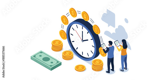 Financial time management concept with people using tablets to track wealth around a giant clock surrounded by stacks of gold coins.