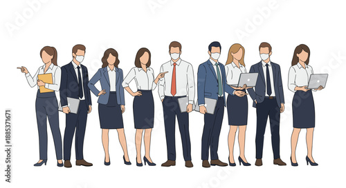 Diverse group of professional business people in formal suits wearing protective face masks and holding laptops and documents.