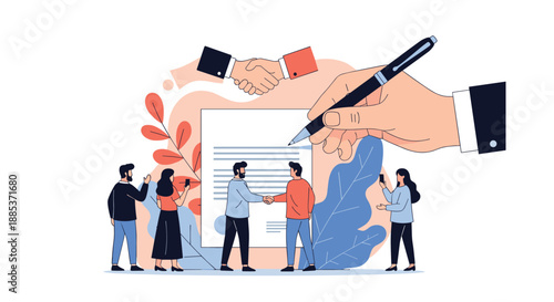 Business partners shaking hands over signed contract agreement with colleagues witnessing successful deal and partnership.