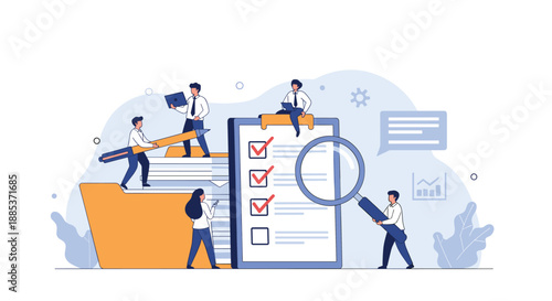 Team of auditors using a giant magnifying glass to perform a detailed inspection of documents and checklists in a large file folder.
