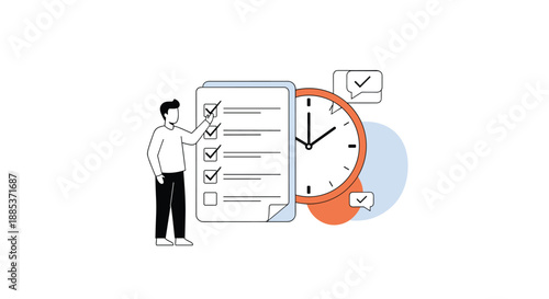 Young man marking completed tasks on large checklist with wall clock symbolizing time management and productivity.