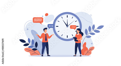 Workplace colleagues discussing a schedule in front of a giant clock representing effective corporate time management strategies.