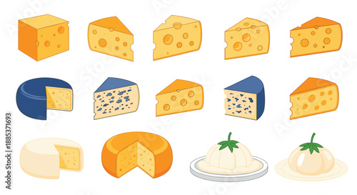 Set of different cheese types including cheddar, brie, gorgonzola, and burrata isolated on white background for food design.