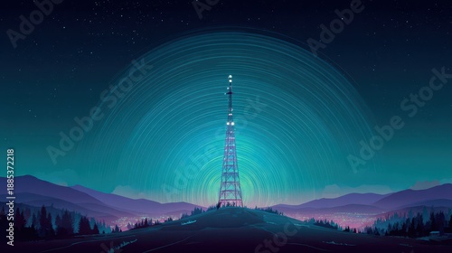 Modern telecommunications tower with evolving signal waves over a futuristic city skyline