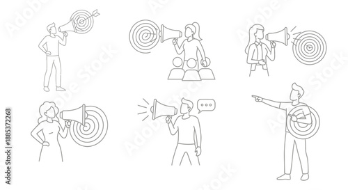 People communicating with megaphones aiming for targets and presenting ideas in a group setting